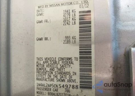 2012 Nissan Altima 2.5 S z USA, uszkodzony, nr VIN 1N4AL2AP5CN549788